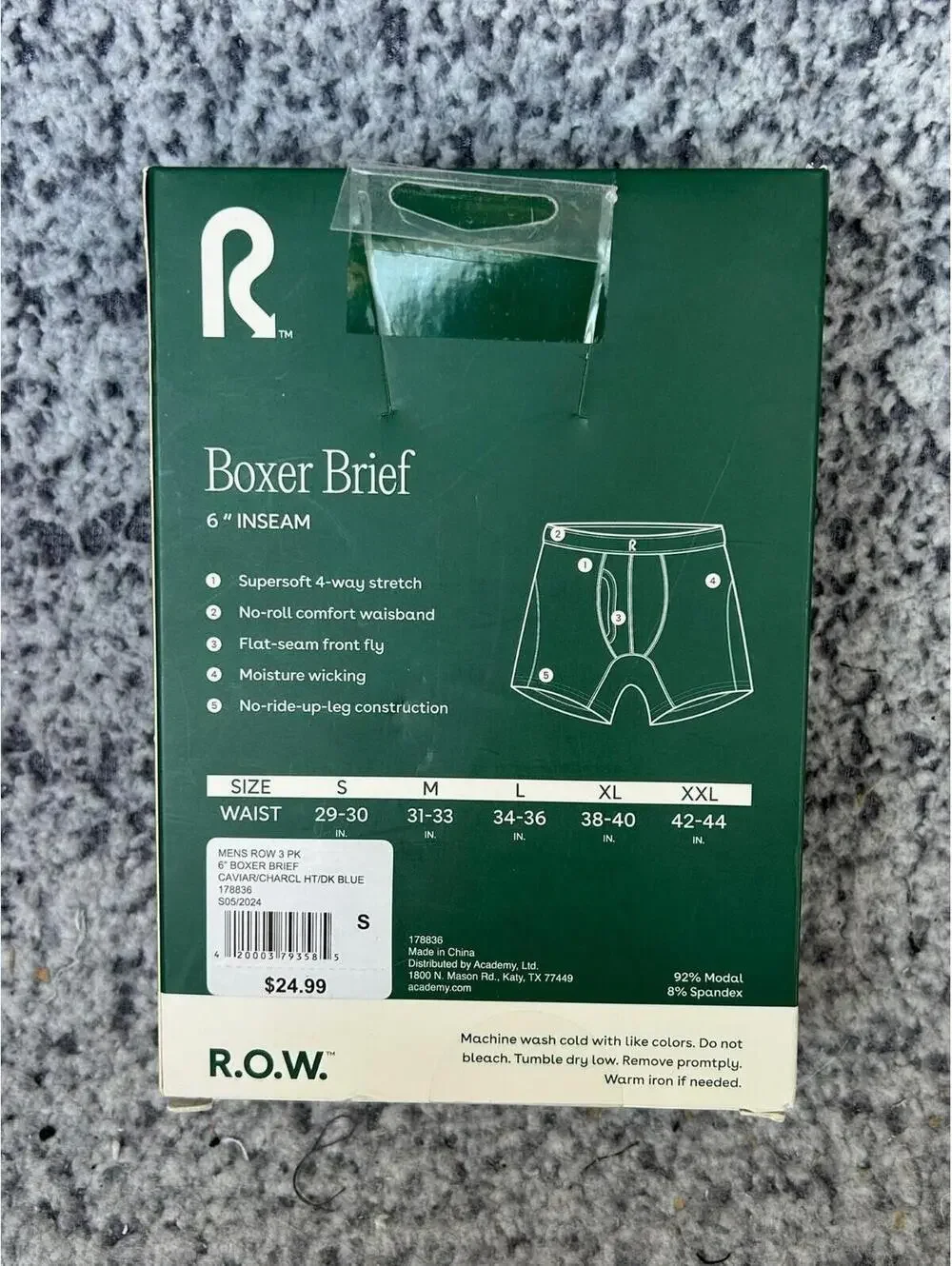 R.O.W. Men’s Boxer Briefs 3 Pack 6” Inseam Small Moisture Wicking NIB
